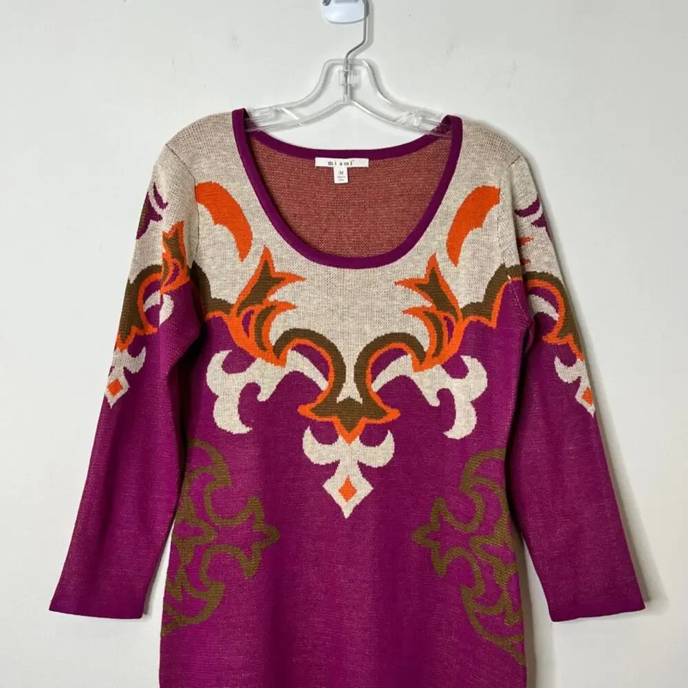 Francesca's Mi Ami Long Sleeve Knit Sweater Dress Purple Cream Womens Medium